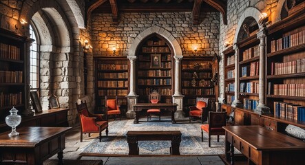 Medieval library with stone walls and antique furnishings background
