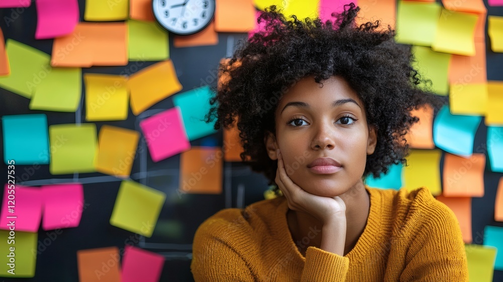 Poster Remote employee working with a desktop timer and colorful task tracking sticky notes Stock Photo with side copy space