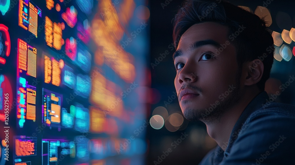 Poster Remote employee working with a desktop timer and colorful task tracking sticky notes Stock Photo with side copy space