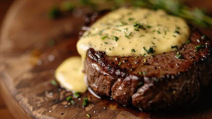 Creamy  sauce elegantly paired with a tender filet mignon.