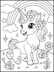 Illustration of a cute baby unicorn cartoon character. Black and white Printable Unicorn coloring page for kids. © laky