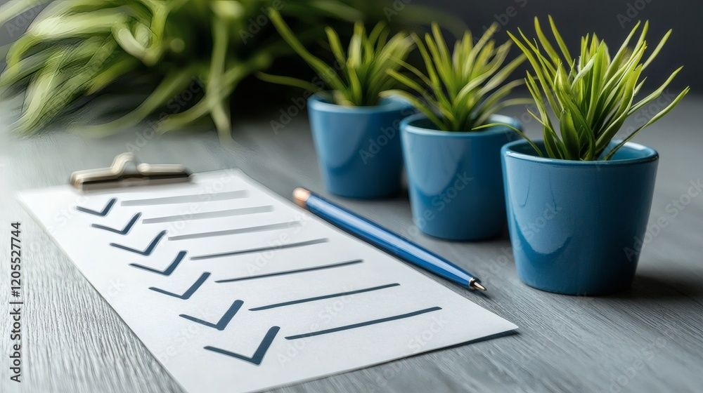 Aufkleber professional starting the day with a checklist and a cup of coffee in a calm environment stock photo