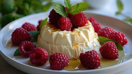 Creamy Mascarpone cheese served with honey drizzled over fresh raspberries and mint leaves.