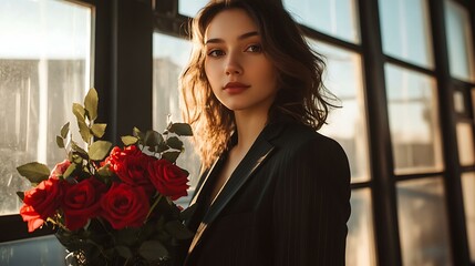 A confident woman in a tailored suit holding a bouquet of roses, with large windows behind her