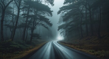 Narrow foggy road winding through dense trees background