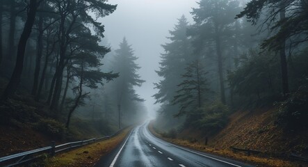 Narrow foggy road winding through dense trees background