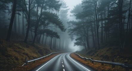 Fototapeta premium Narrow foggy road winding through dense trees background