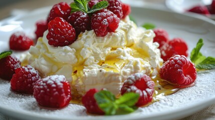 Creamy Mascarpone cheese served with honey drizzled over fresh raspberries and mint leaves.
