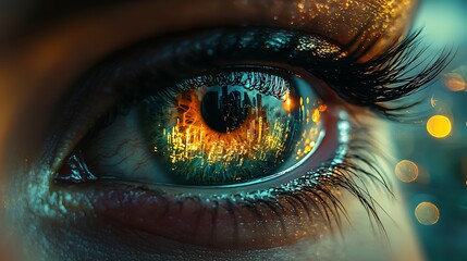 close-up of a human eye reflecting a dystopian landscape. Hyper-realistic detail, subtle tear, introspective mood. Surreal, cinematic focus, intense. 