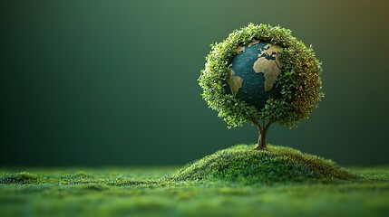 tree in which the top of the leaves is round and forms the continents of planet earth using shadows and leaves, isolated green background, realistic 3d style 