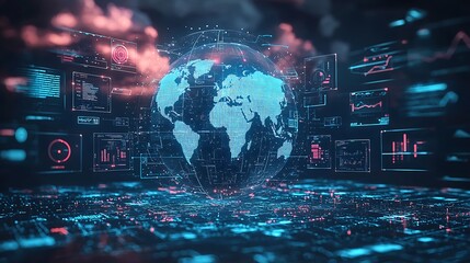 A cloud computing interface transforming data into a digital globe, with AI and international business concepts intertwining, in a high-tech visual 