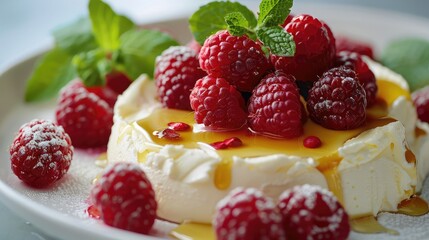 Creamy Mascarpone cheese served with honey drizzled over fresh raspberries and mint leaves.