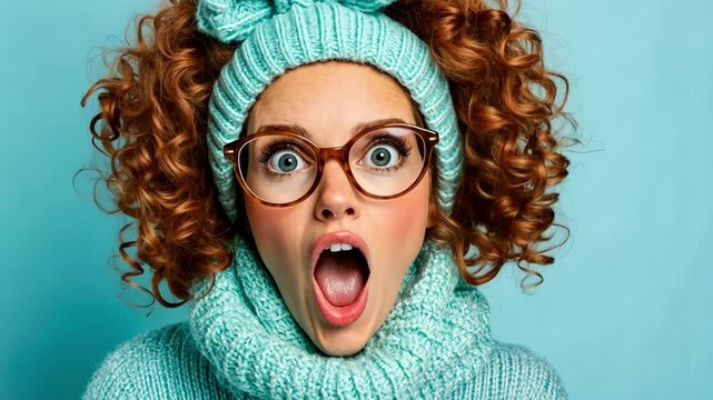 Surprised woman in cozy winter attire expressing shock and amusement against blue background