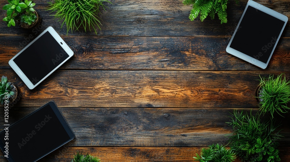 Poster Flexible desk setup with multiple devices connected for smooth transition between remote and office work Stock Photo with side copy space