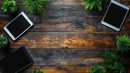 Flexible desk setup with multiple devices connected for smooth transition between remote and office work Stock Photo with side copy space