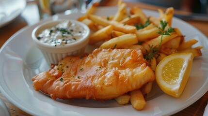Creamy tartar sauce served alongside golden fish and chips.