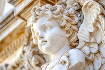 Baroque sculpture close-up: serene marble angel embracing tranquility
