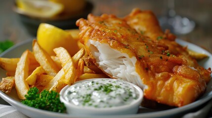 Creamy tartar sauce served alongside golden fish and chips.