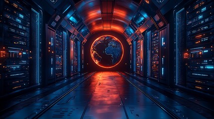 Cloud servers managing intelligent systems, innovation driving globalization on a glowing Earth, with a sleek and polished appearance 