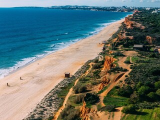 Aerial drone point of view of Falesia Beach. Situated in south of Portugal, Algarve region a famous...