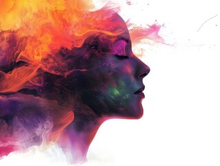 A vibrant silhouette of a woman's profile surrounded by colorful, swirling abstract patterns.