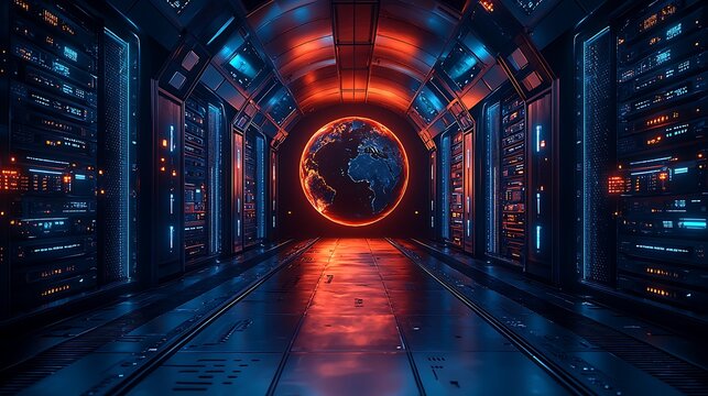 Cloud servers managing intelligent systems, innovation driving globalization on a glowing Earth, with a sleek and polished appearance 