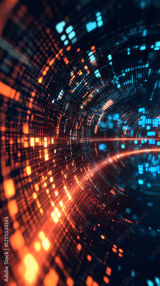Poster digital binary stream flowing through luminescent tunnel, generating vibrant orange-blue data visual