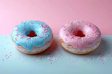 Colorful donuts topped with pink and light blue icing, a playful dessert delight.