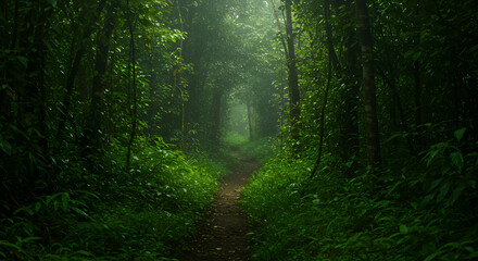 Fototapeta premium Immersed in the jungle, one encounters a blend of deep shadows and lush green illumination.