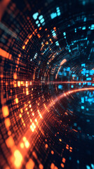 Obraz premium Digital binary stream flowing through luminescent tunnel, generating vibrant orange-blue data visualization network