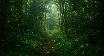 Obraz premium Venturing deep into the jungle reveals a tapestry of shadows and verdant light.