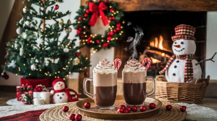 Festive photo with a Christmas tree, a wreath and a snowman. There are two mugs of hot chocolate with whipped cream and lollipops on the table. There is a fireplace with burning logs in the background