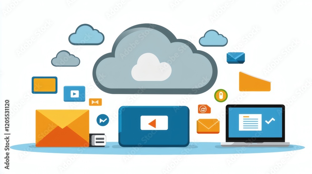 Poster Illustration of secure cloud storage with vibrant icons and data accessibility across devices Stock Photo with side copy space