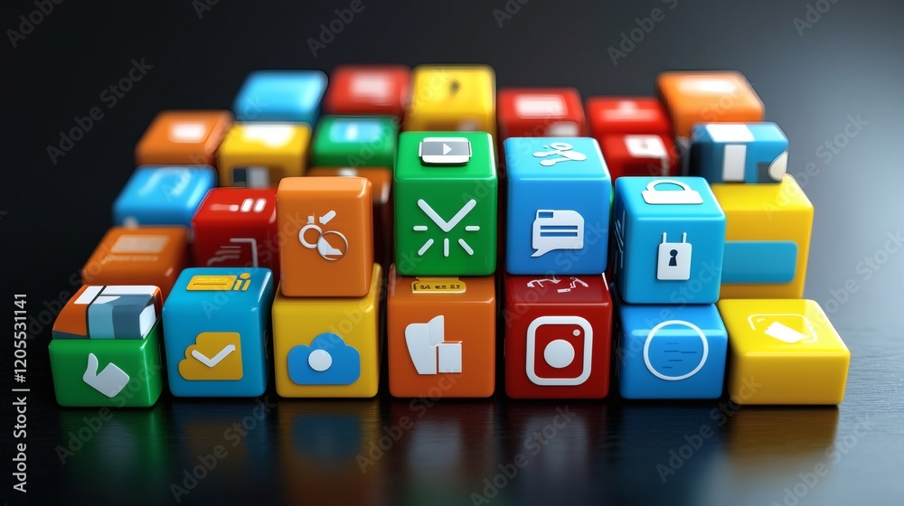 Poster illustration of secure cloud storage with vibrant icons and data accessibility across devices stock 