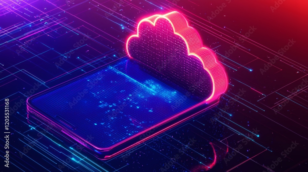 Aufkleber Illustration of secure cloud storage with vibrant icons and data accessibility across devices Stock Photo with side copy space