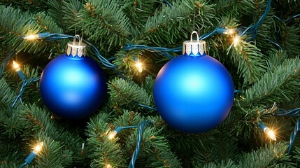 Fototapeta premium Stunning Blue Christmas Ornaments on a Lit Tree