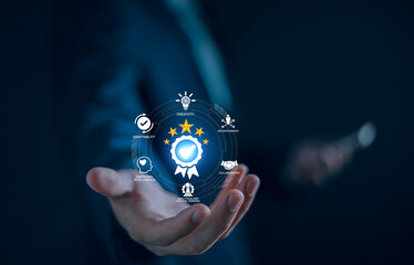 Soft skills HR and quality assurance concept, Businessman with icons high standard certificate, emotional intelligence, creativity, collaboration, adaptability, decision making and analytical thinking