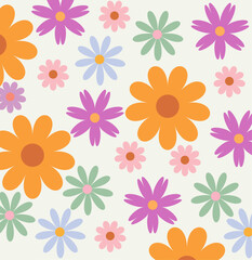 Trendy colorful floral seamless pattern,vintage 70s style hippie groovy flowers
