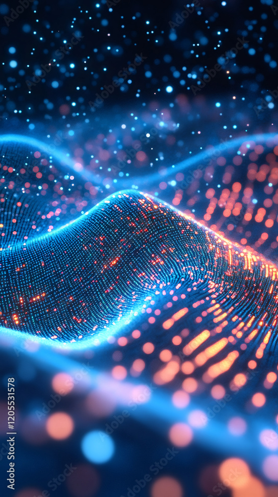 Aufkleber Glowing digital particles flowing in dark space, representing blockchain network spreading across technological landscape