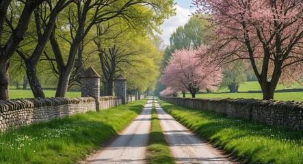 Obraz premium Peaceful medieval road in spring with fresh grass and flowering trees