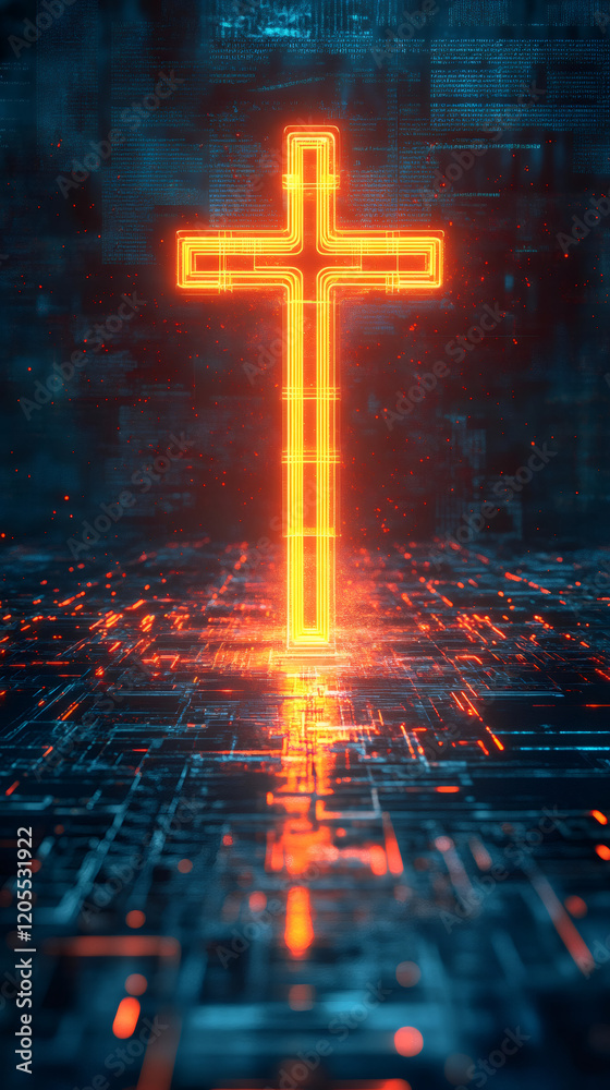 Poster orange glowing cross standing on a futuristic circuit board, symbolizing the intersection of faith a