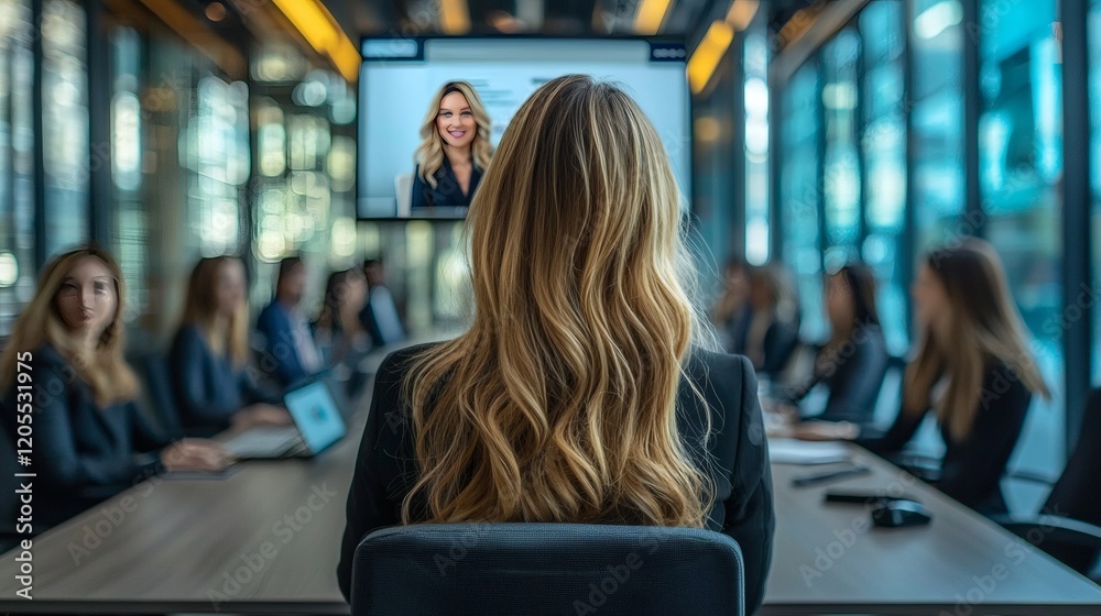 Poster Professional presenting a project during a virtual meeting with a slide deck visible on the screen Stock Photo with side copy space