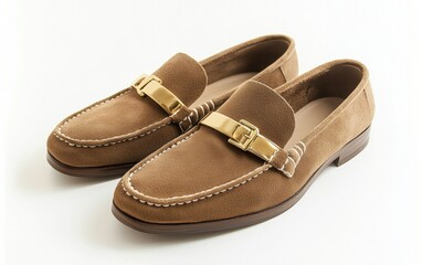 Chic soft suede loafers with a gold buckle accent on a clean white background
