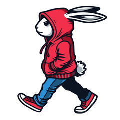 cool walking rabbit wearing a red hoodie and blue jeans, casual street style bunny character illustration