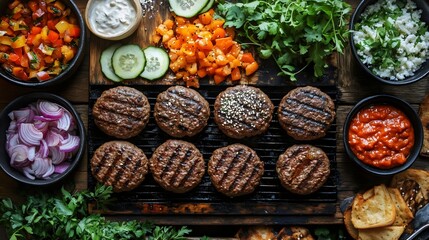 Fototapeta premium A table with a variety of food items including hamburgers, vegetables