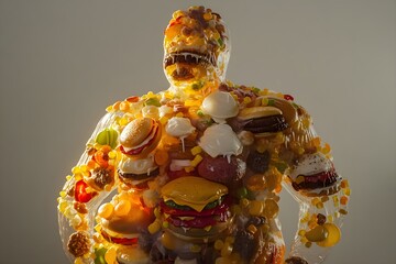 A translucent obese figure made of junk food, symbolizing poor health and the concept you are what you eat