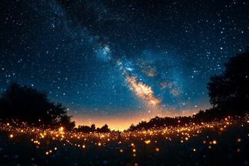 Fototapeta premium Night Sky Illuminated by Milky Way and Fireflies