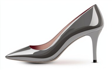 gray high-heeled shoe with a pointed toe and glossy finish on a clean white background