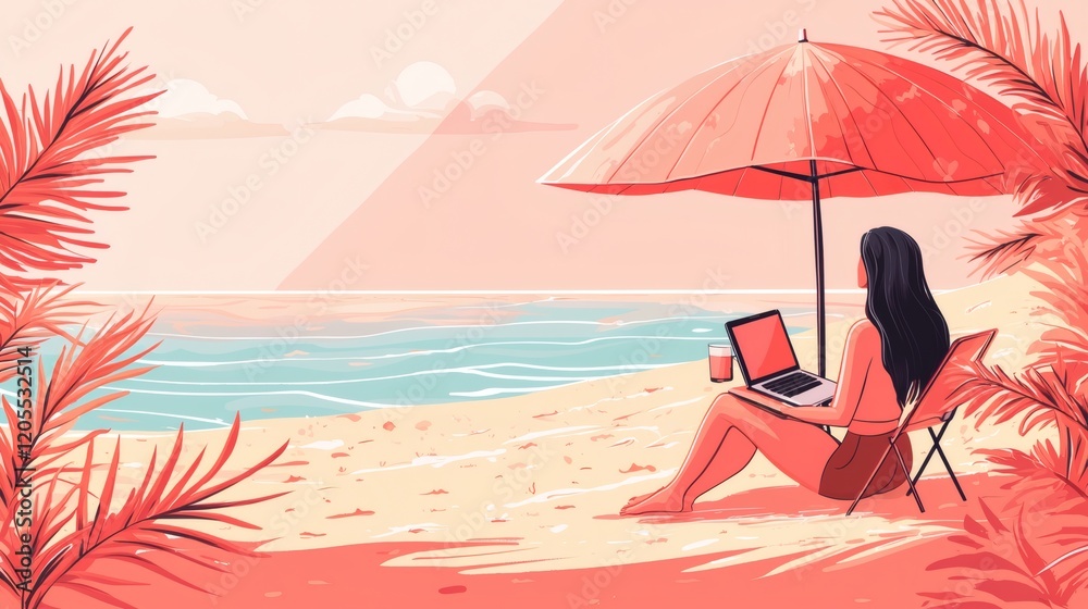 Poster freelancer working on a beach under a shaded umbrella with a laptop and a refreshing drink stock pho