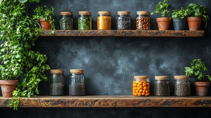 Fototapeta premium Colorful jars and spices on rustic shelves